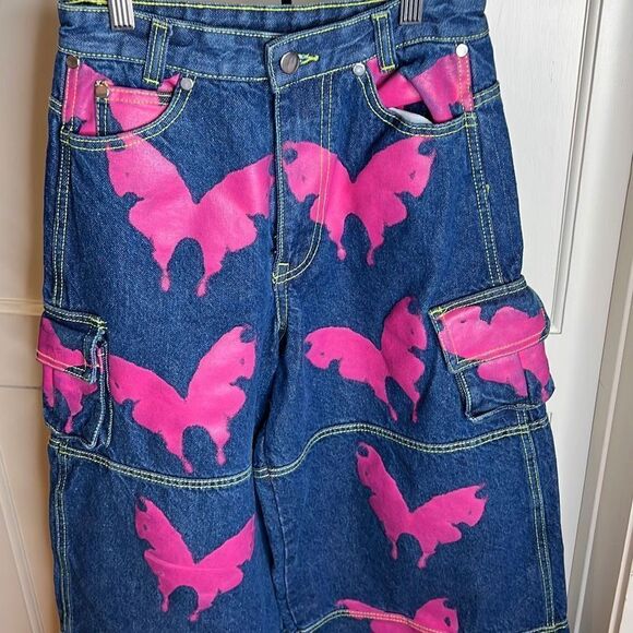 Daisy Street Pink Butterfly Denim Cargo Pants New Size Small - Picture 2 of 6
